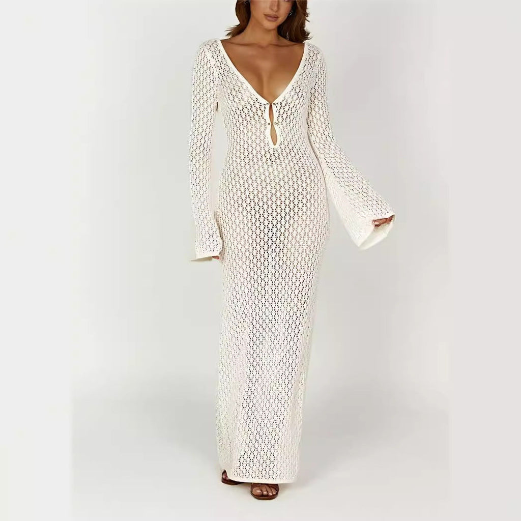 Women's Slim-Fit Open-Knit Maxi Beach Cover-Up Dress with Deep V-Neck