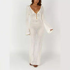 Women's Slim-Fit Open-Knit Maxi Beach Cover-Up Dress with Deep V-Neck