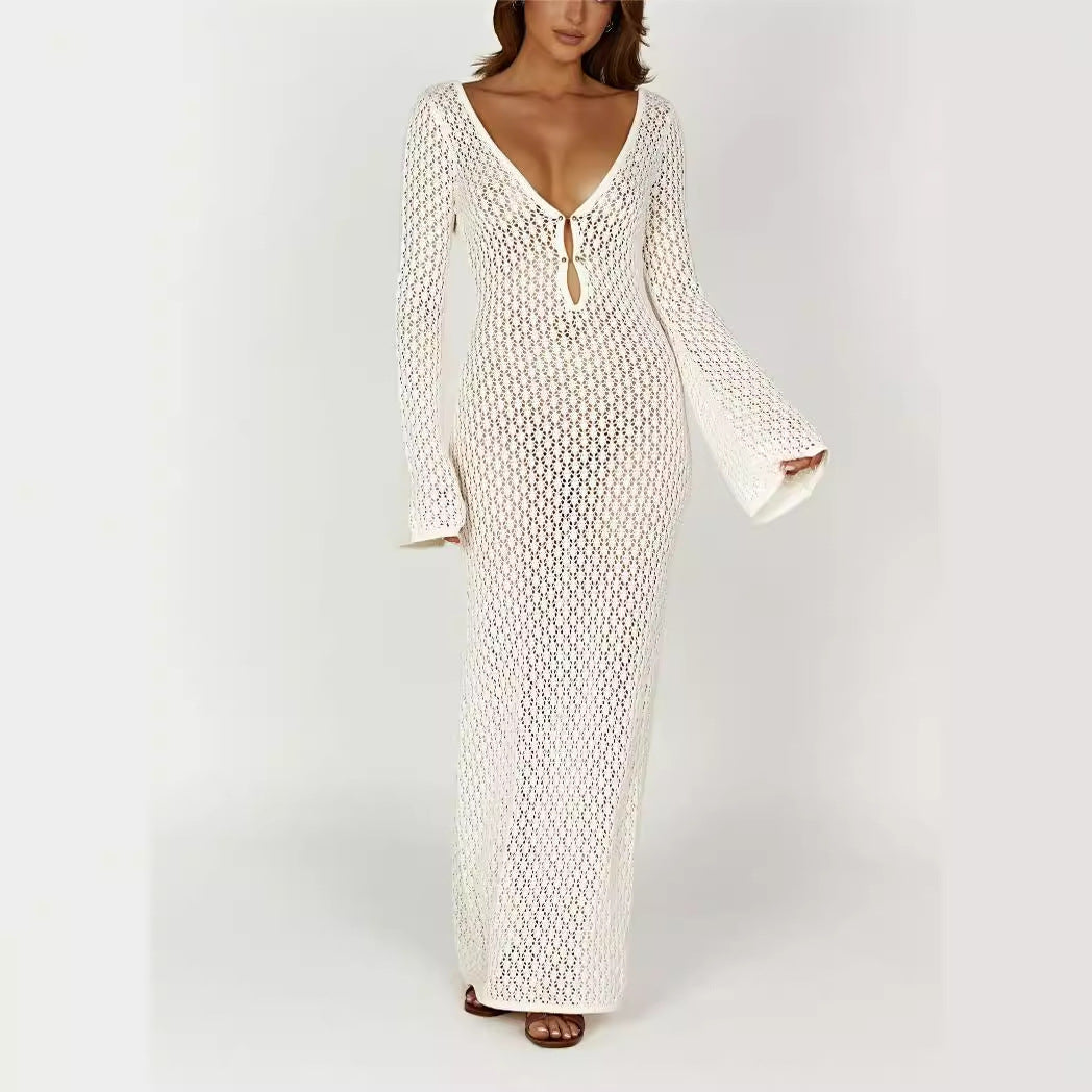 Women's Slim-Fit Open-Knit Maxi Beach Cover-Up Dress with Deep V-Neck
