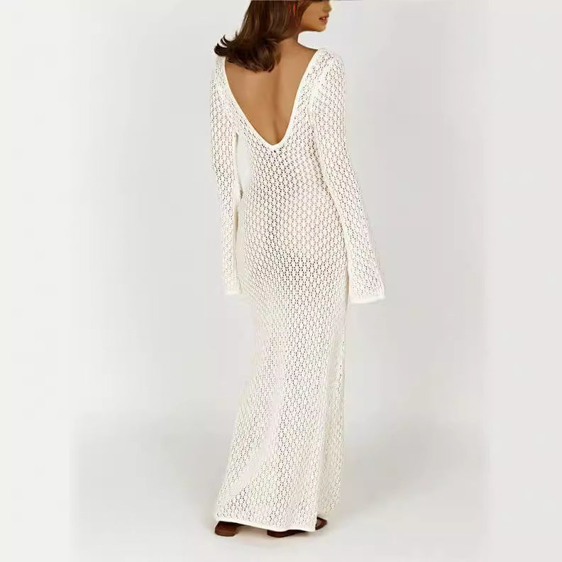 Women's Slim-Fit Open-Knit Maxi Beach Cover-Up Dress with Deep V-Neck