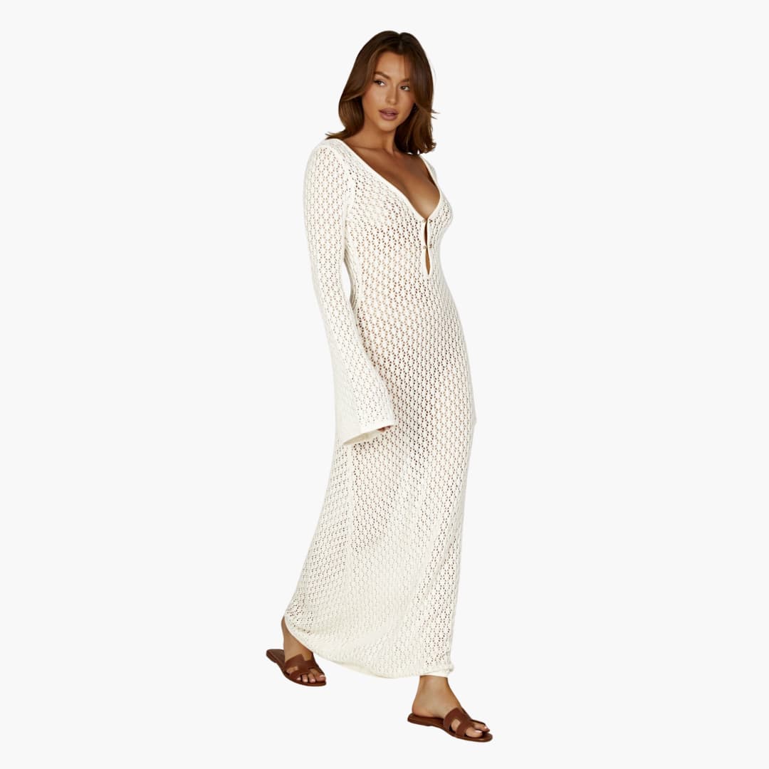 Women's Slim-Fit Open-Knit Maxi Beach Cover-Up Dress with Deep V-Neck