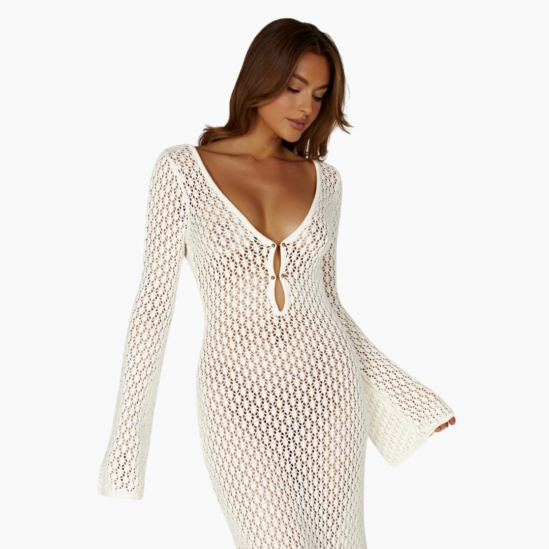 Women's Slim-Fit Open-Knit Maxi Beach Cover-Up Dress with Deep V-Neck