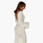 Women's Slim-Fit Open-Knit Maxi Beach Cover-Up Dress with Deep V-Neck