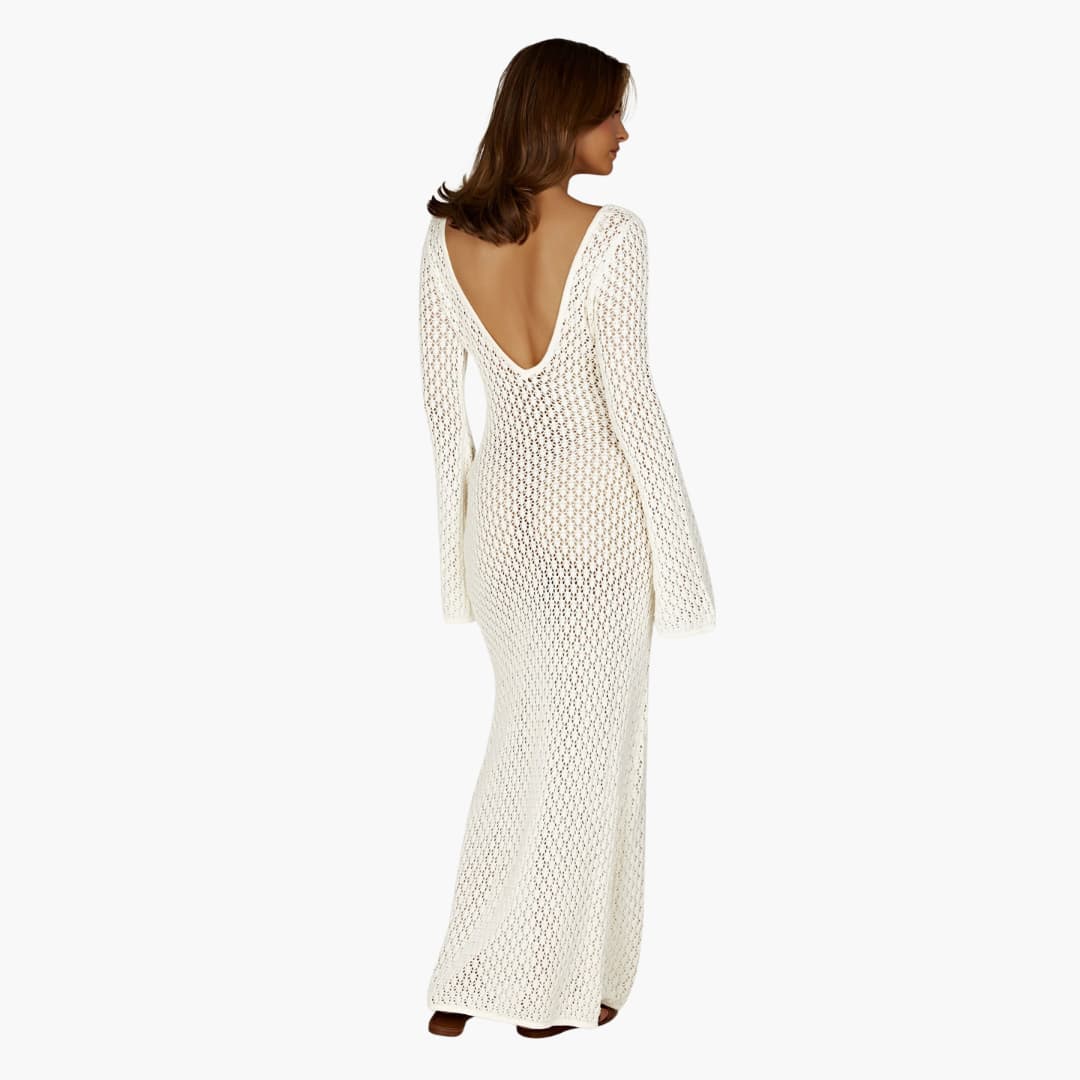 Women's Slim-Fit Open-Knit Maxi Beach Cover-Up Dress with Deep V-Neck