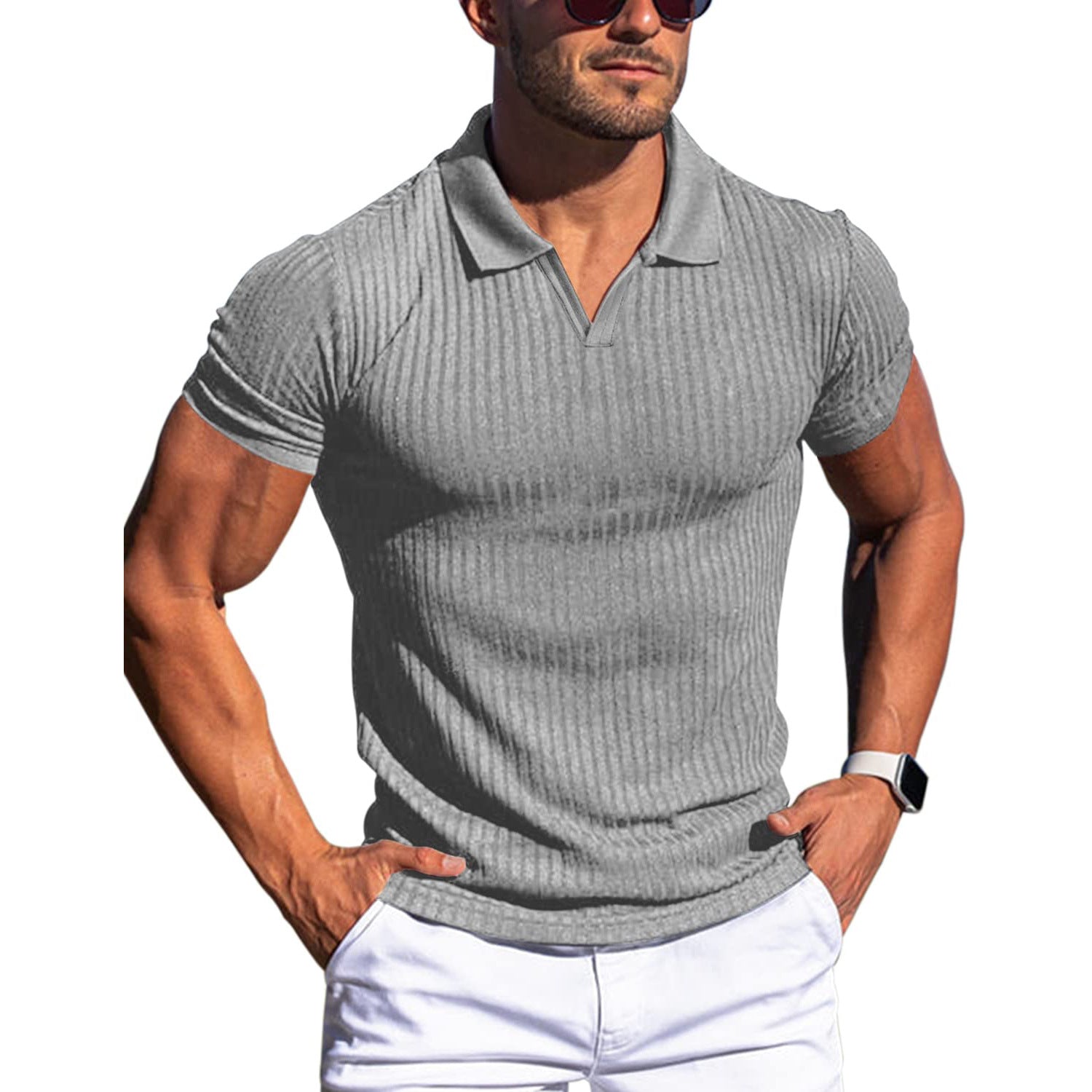 Men's Slim-Fit Ribbed Polo Shirt with V-Neck
