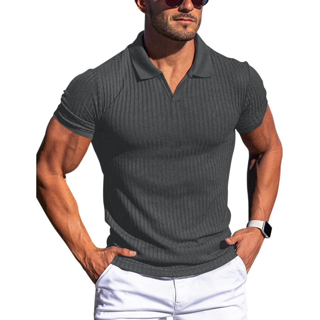 Men's Slim-Fit Ribbed Polo Shirt with V-Neck