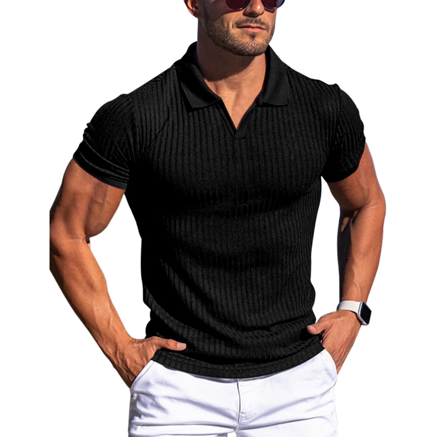 Men's Slim-Fit Ribbed Polo Shirt with V-Neck