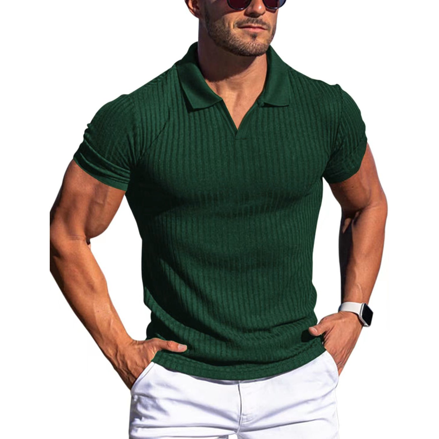 Men's Slim-Fit Ribbed Polo Shirt with V-Neck