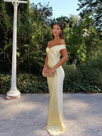 Women's Slim Fit Yellow Satin Maxi Dress with Off-Shoulder Neckline