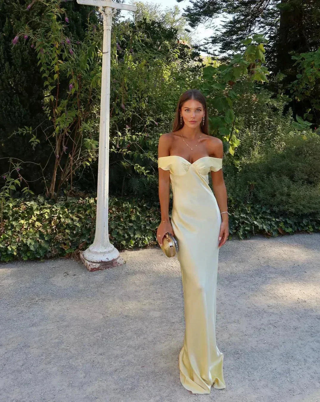Women's Slim Fit Yellow Satin Maxi Dress with Off-Shoulder Neckline
