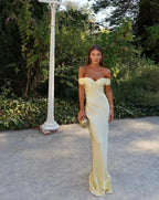 Women's Slim Fit Yellow Satin Maxi Dress with Off-Shoulder Neckline