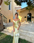 Women's Slim Fit Yellow Satin Maxi Dress with Off-Shoulder Neckline