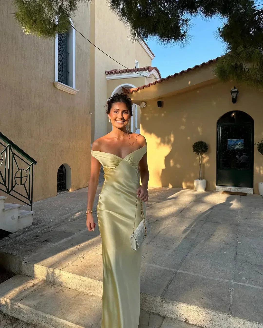 Women's Slim Fit Yellow Satin Maxi Dress with Off-Shoulder Neckline