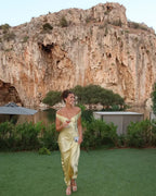 Women's Slim Fit Yellow Satin Maxi Dress with Off-Shoulder Neckline