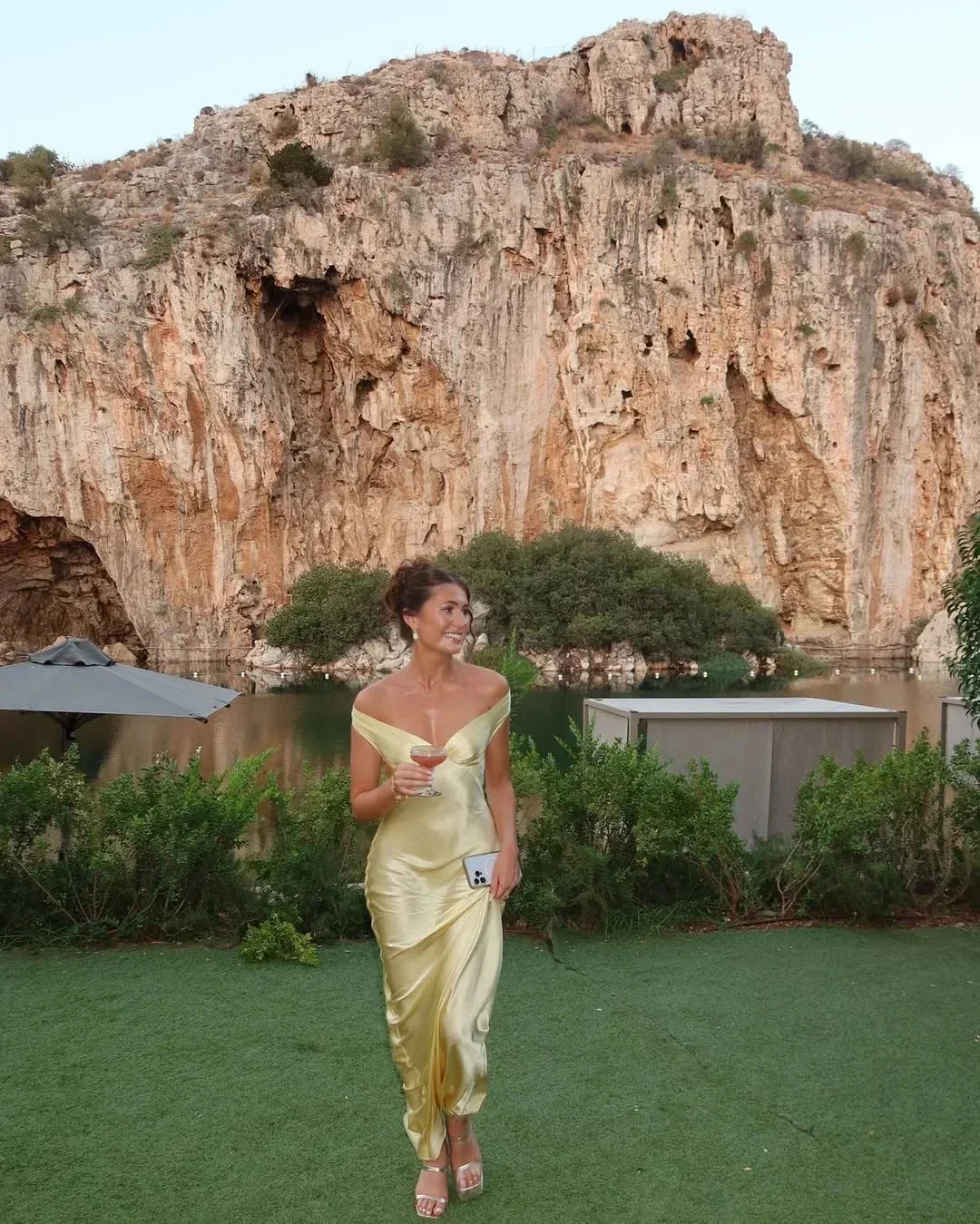 Women's Slim Fit Yellow Satin Maxi Dress with Off-Shoulder Neckline