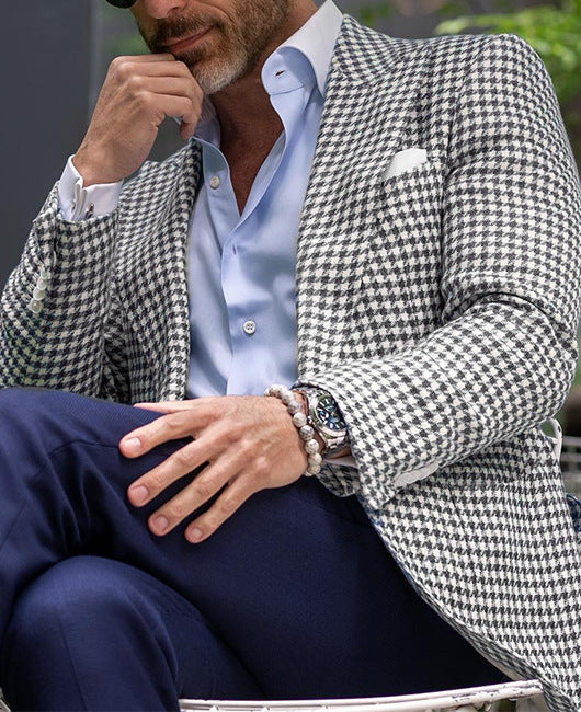 Men's Slim-Fit Wool-Blend Houndstooth Blazer with Notched Lapels