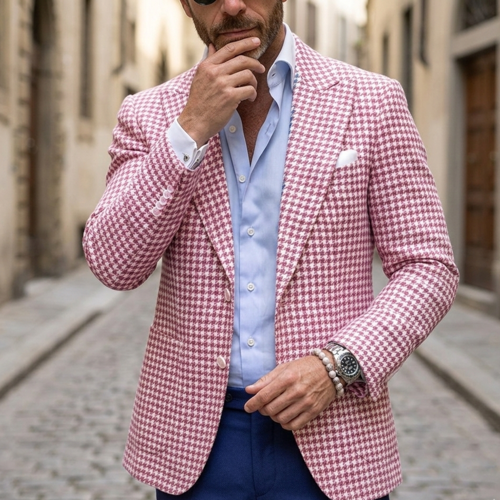 Men's Slim-Fit Wool-Blend Houndstooth Blazer with Notched Lapels