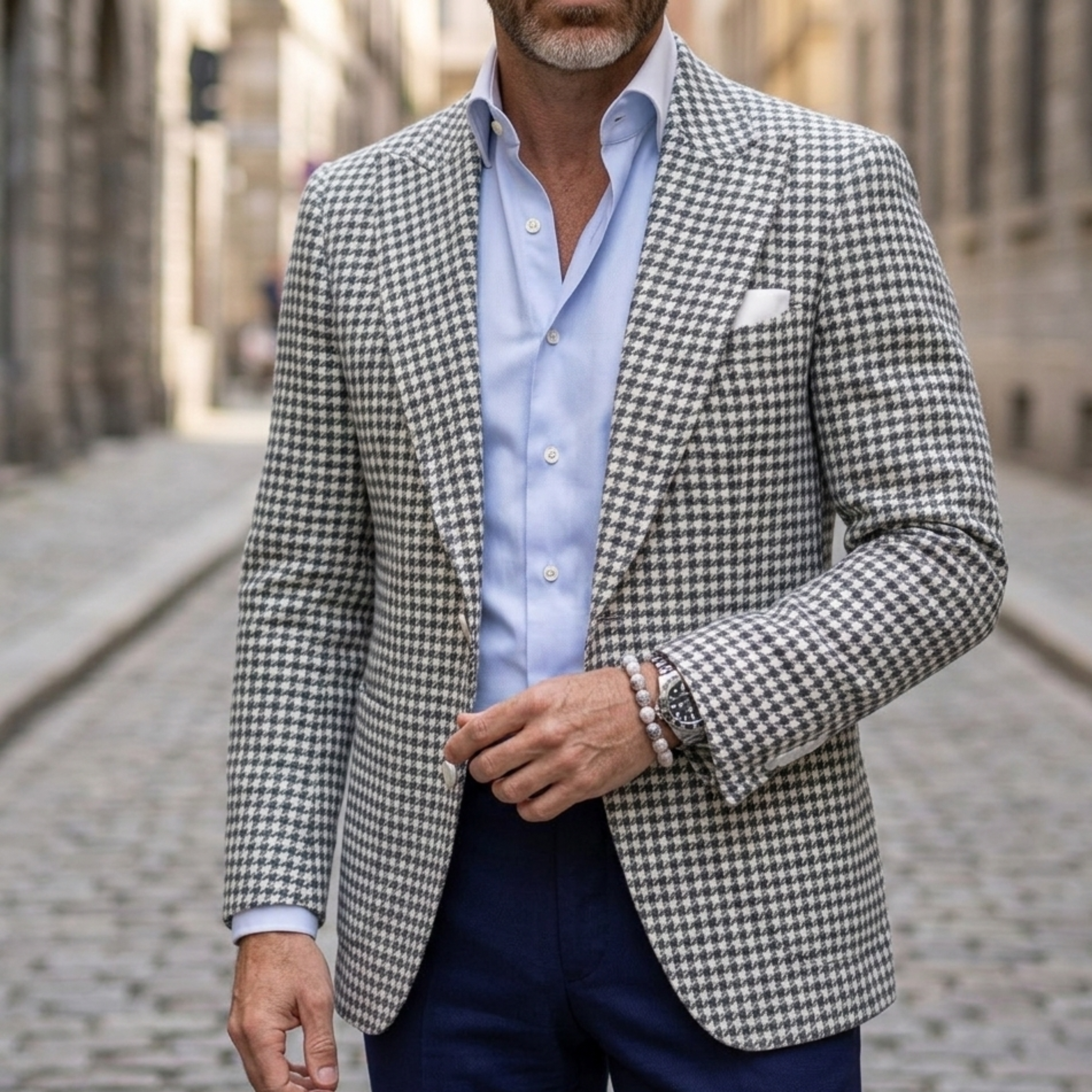 Men's Slim-Fit Wool-Blend Houndstooth Blazer with Notched Lapels
