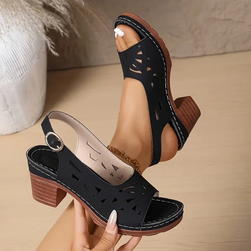 Women's Laser-Cut Slingback Sandals with Block Heel