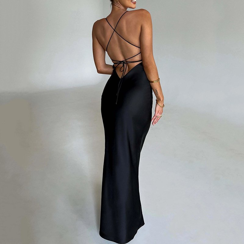 Women's Satin Slip Maxi Dress with Criss-Cross Straps