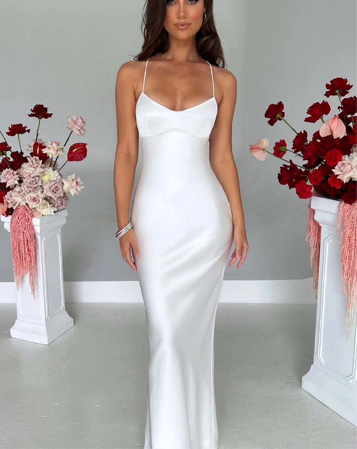 Women's Satin Slip Maxi Dress with Criss-Cross Straps