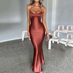 Women's Satin Slip Maxi Dress with Criss-Cross Straps