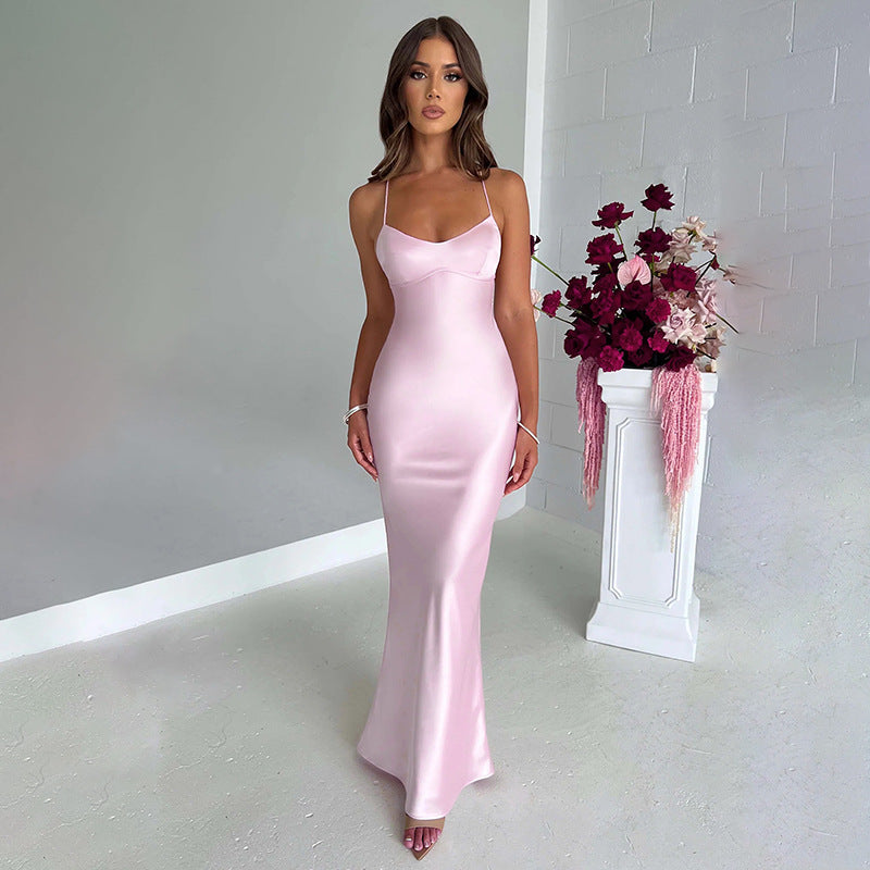 Women's Satin Slip Maxi Dress with Criss-Cross Straps
