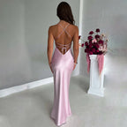 Women's Satin Slip Maxi Dress with Criss-Cross Straps