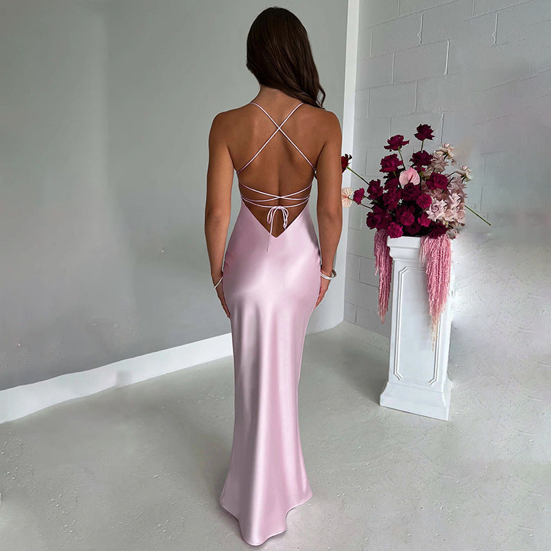 Women's Satin Slip Maxi Dress with Criss-Cross Straps