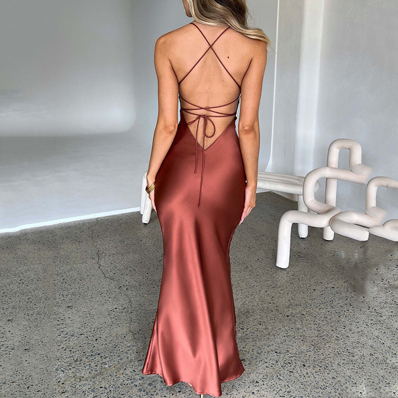 Women's Satin Slip Maxi Dress with Criss-Cross Straps