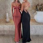 Women's Satin Slip Maxi Dress with Criss-Cross Straps