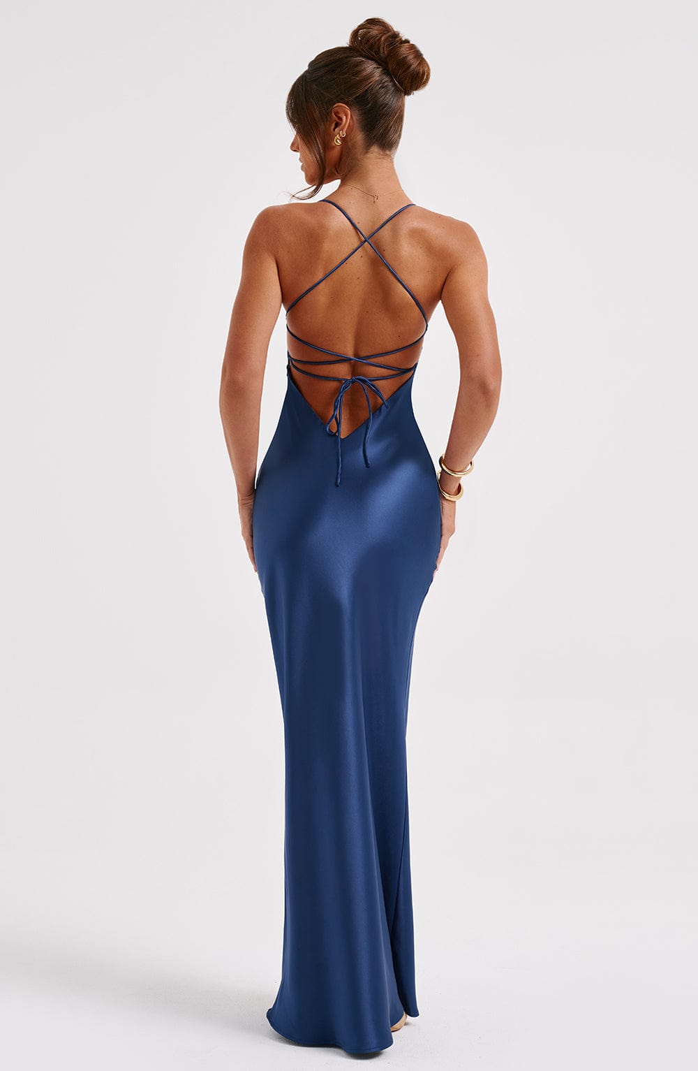 Women's Satin Slip Maxi Dress with Criss-Cross Straps