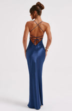 Women's Satin Slip Maxi Dress with Criss-Cross Straps
