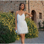 Women's Beaded Mini Dress with Feather Hem