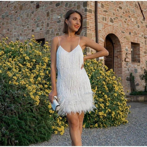 Women's Beaded Mini Dress with Feather Hem