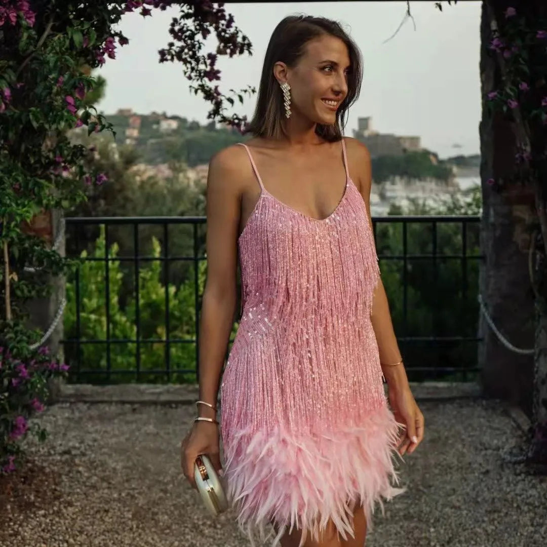 Women's Beaded Mini Dress with Feather Hem