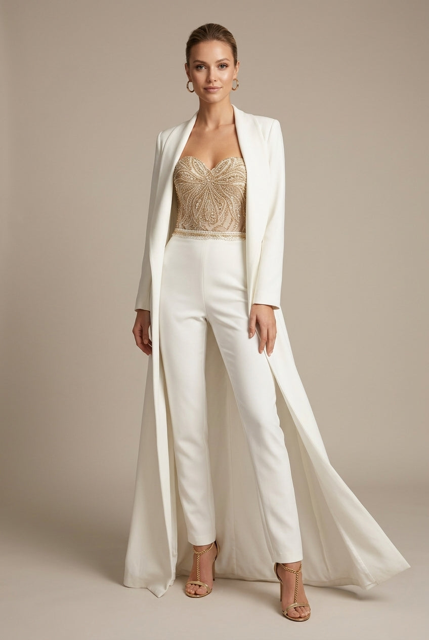 Women's Strapless Beaded Jumpsuit with Straight-Leg Trousers