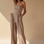 Women's Strapless Wide-Leg Jumpsuit with Pleated Front