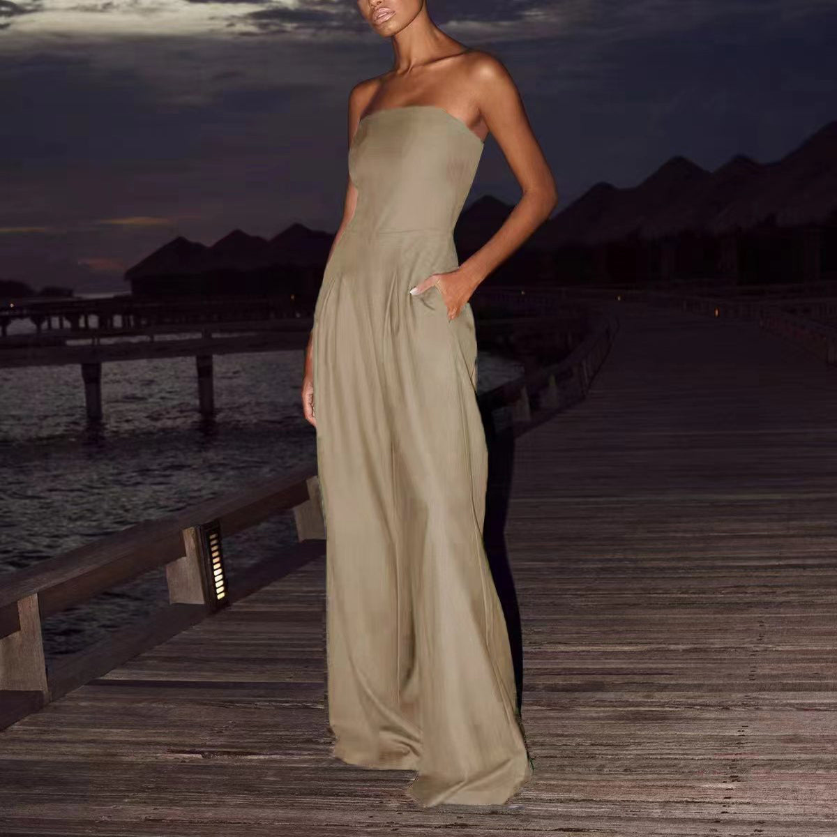 Women's Strapless Wide-Leg Jumpsuit with Pleated Front