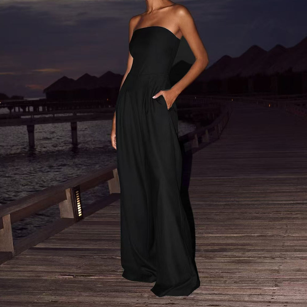 Women's Strapless Wide-Leg Jumpsuit with Pleated Front