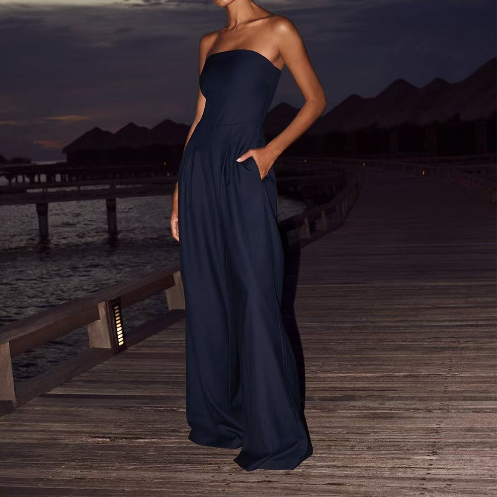 Women's Strapless Wide-Leg Jumpsuit with Pleated Front