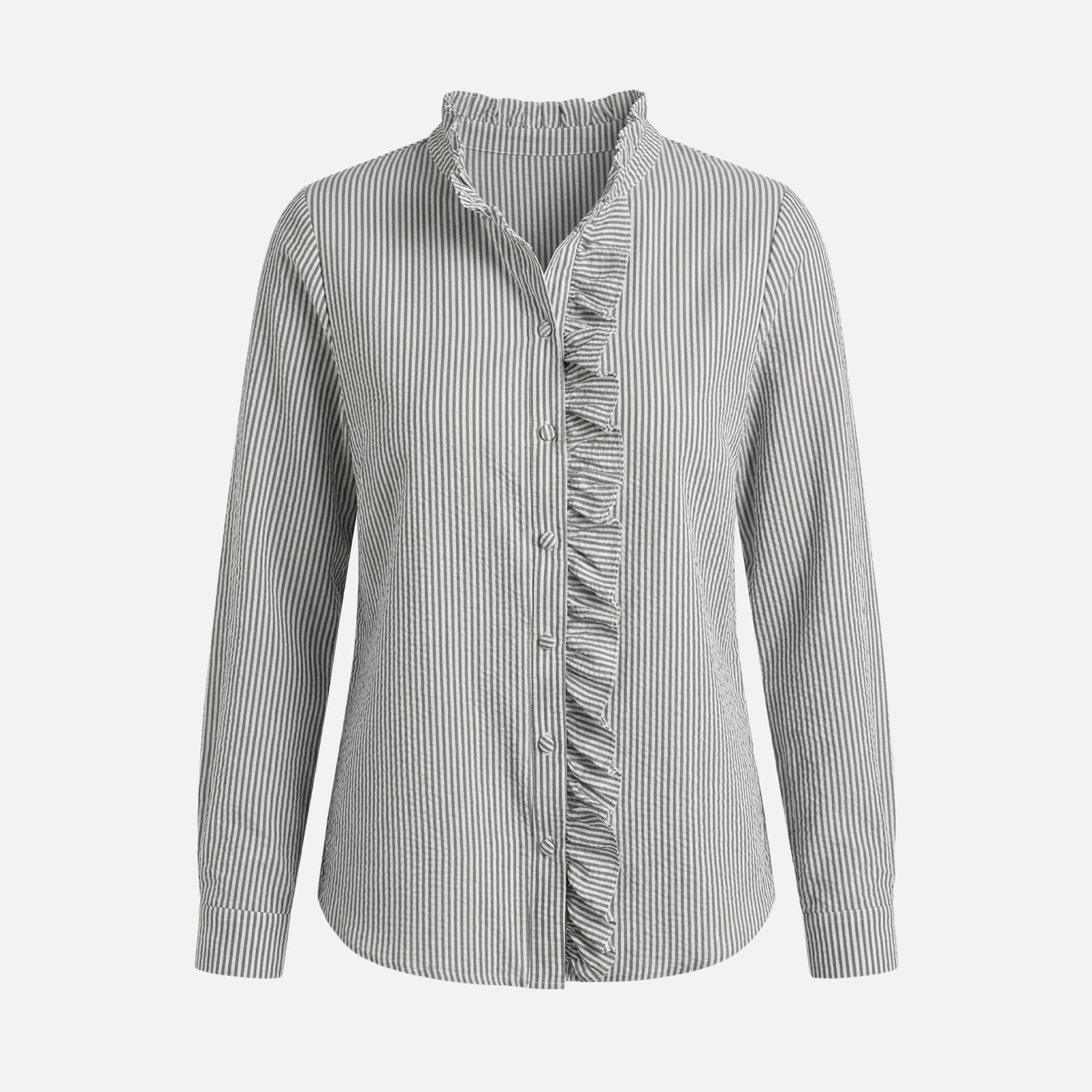 Women's Striped Cotton Seersucker Blouse with Ruffled Trim