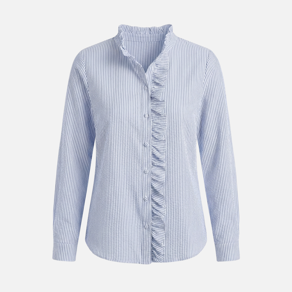 Women's Striped Cotton Seersucker Blouse with Ruffled Trim