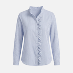 Women's Striped Cotton Seersucker Blouse with Ruffled Trim