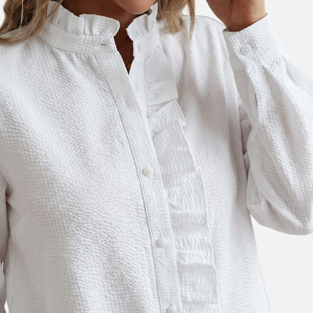 Women's Striped Cotton Seersucker Blouse with Ruffled Trim