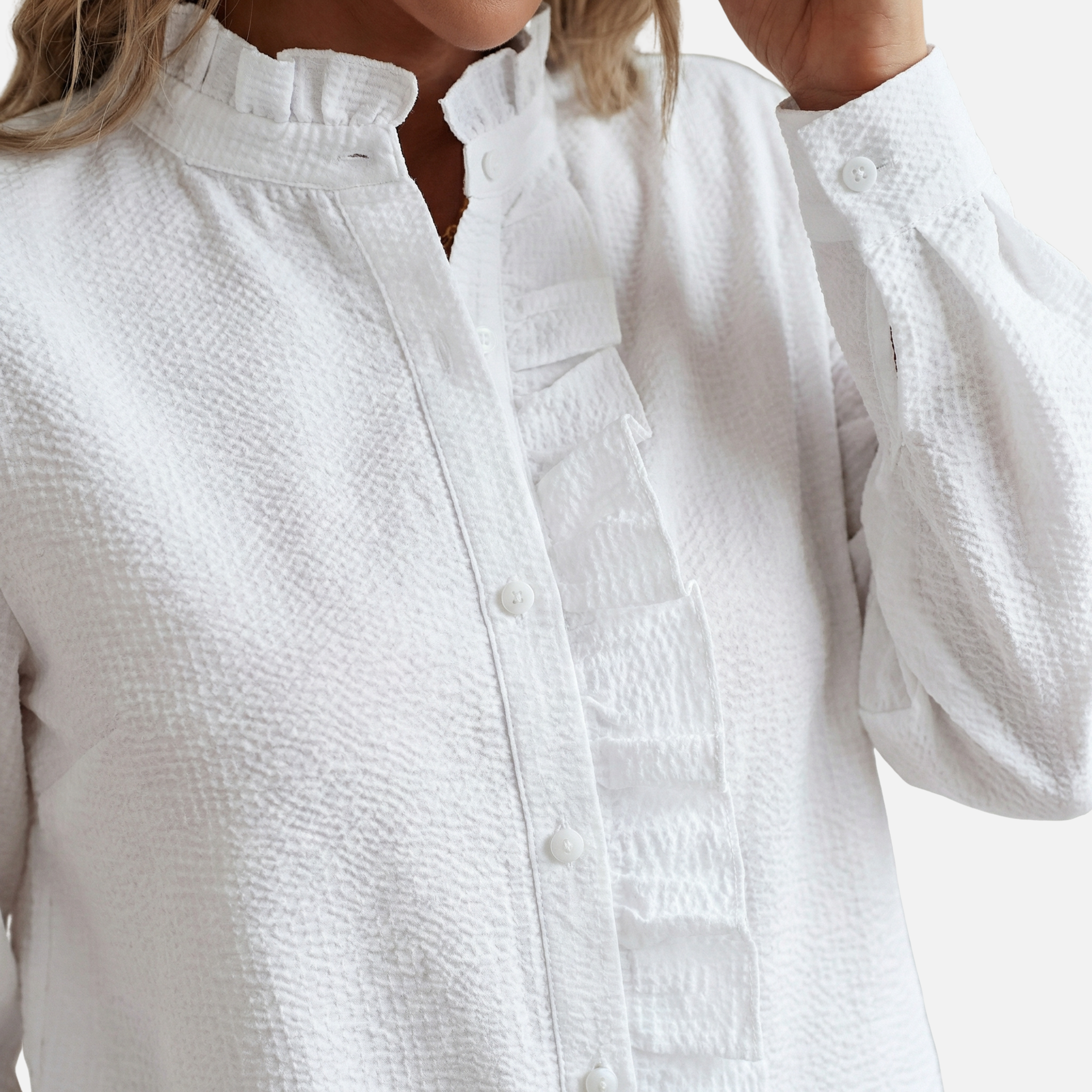 Women's Striped Cotton Seersucker Blouse with Ruffled Trim