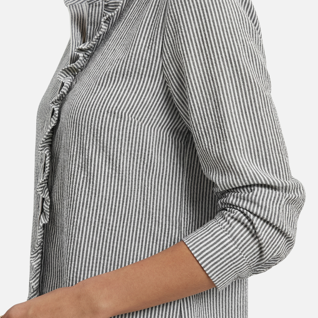 Women's Striped Cotton Seersucker Blouse with Ruffled Trim