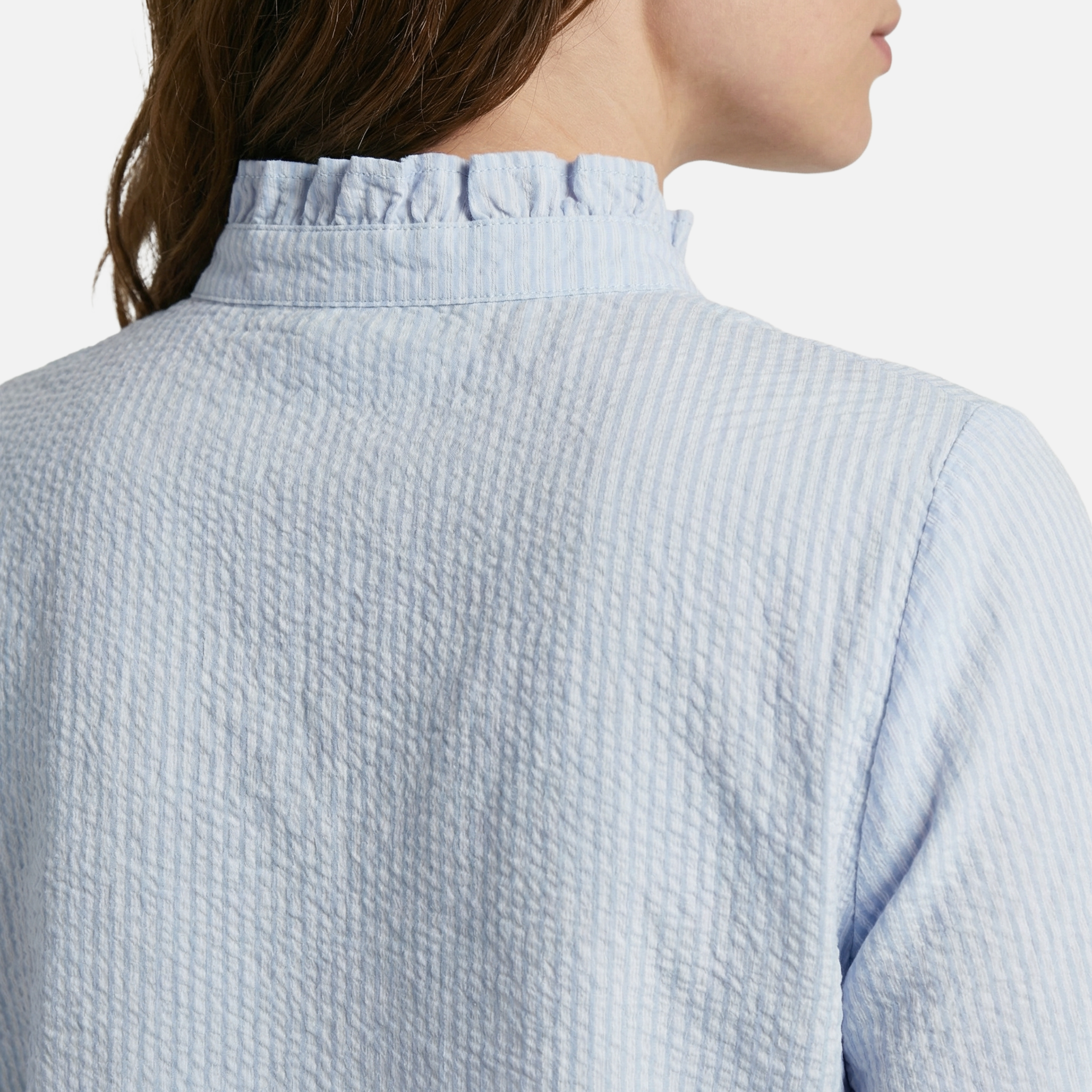 Women's Striped Cotton Seersucker Blouse with Ruffled Trim