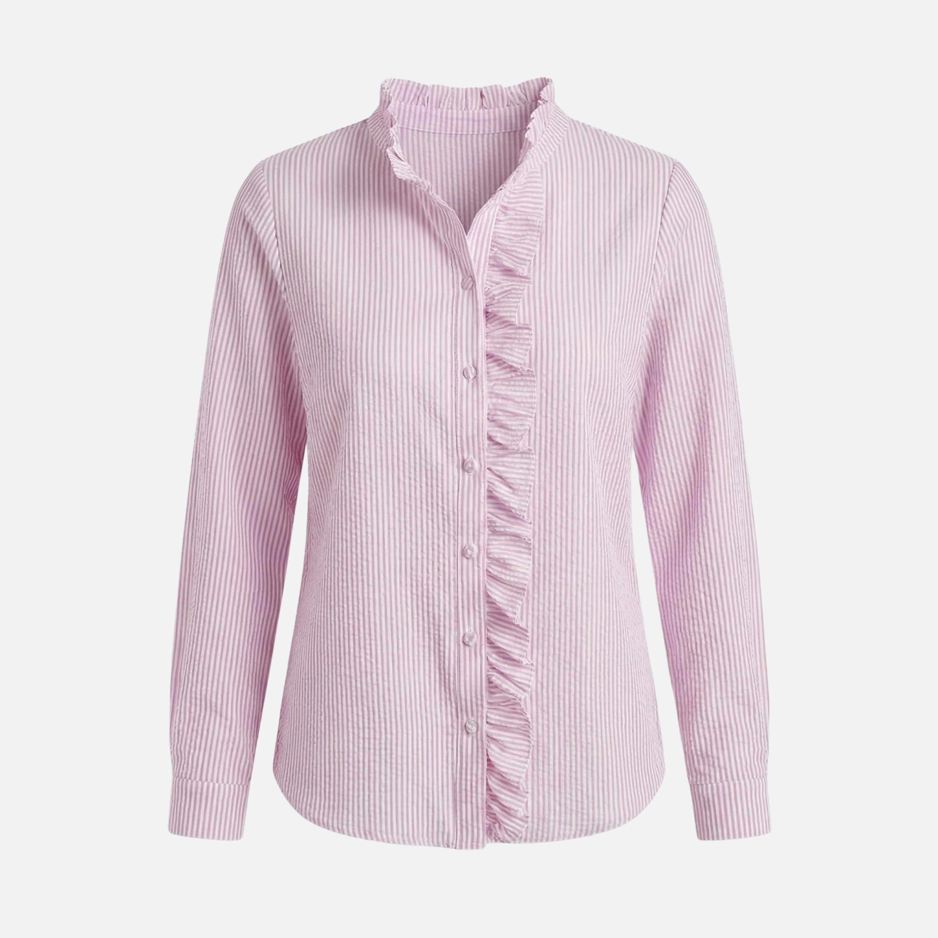 Women's Striped Cotton Seersucker Blouse with Ruffled Trim