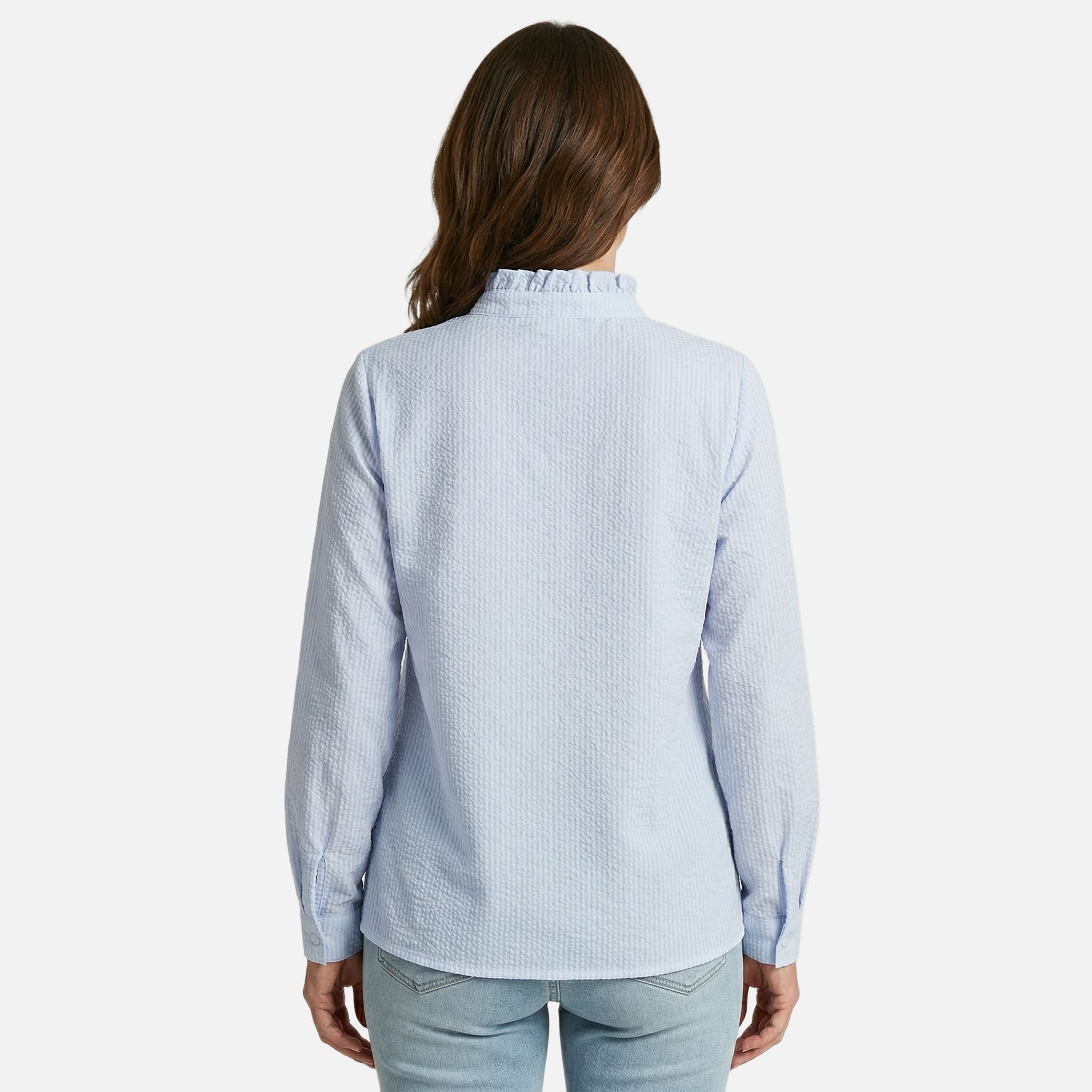 Women's Striped Cotton Seersucker Blouse with Ruffled Trim